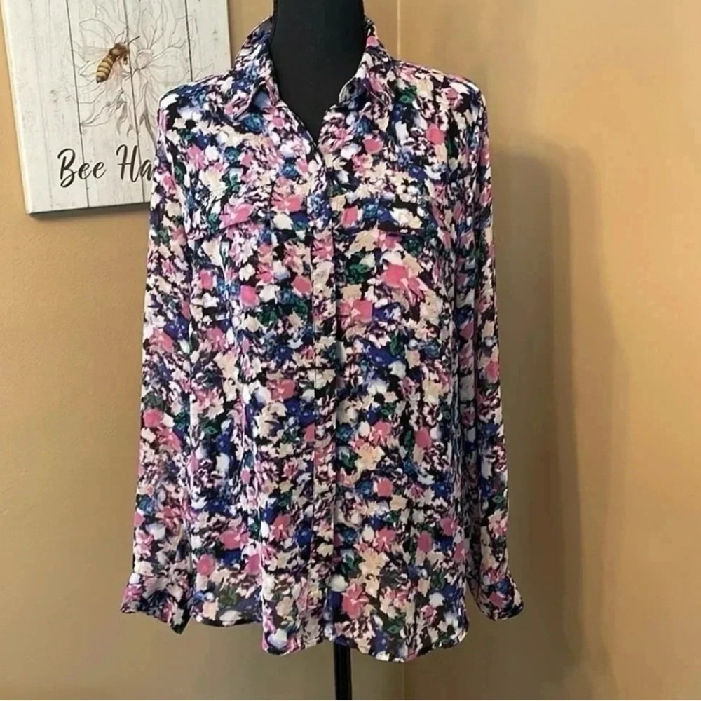 Pink and White Long Sleeve Notched Collar Blouse